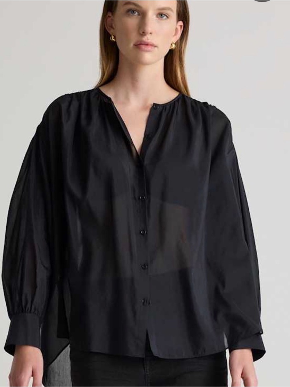 Quince Black Cotton Silk Voile Blouson Blouse Button Down Sheer Balloon Sleeve S